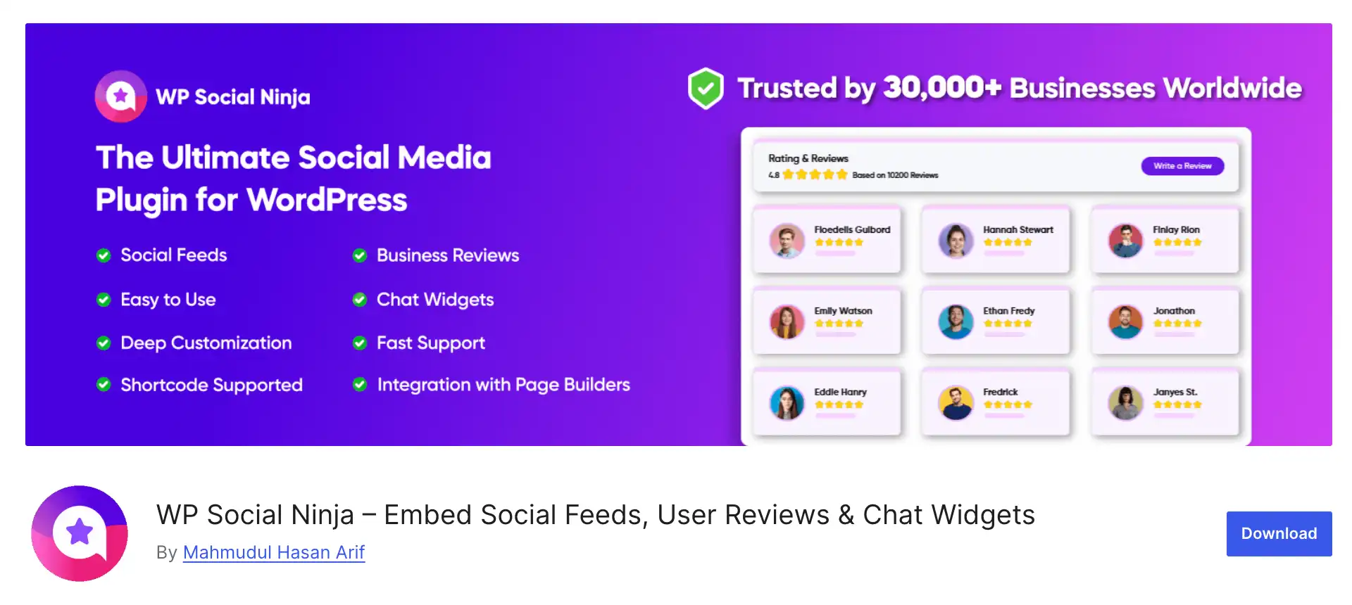 WP Social Ninja's cover image in WordPress directory