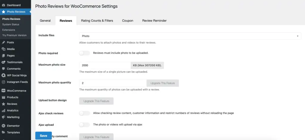 photo reviews for woocommerce image settings