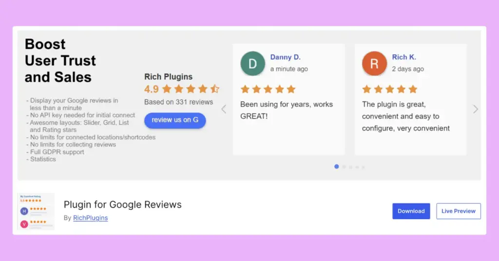 Plugin for Google Reviews, a social media widget to embed Google reviews on any WordPress website