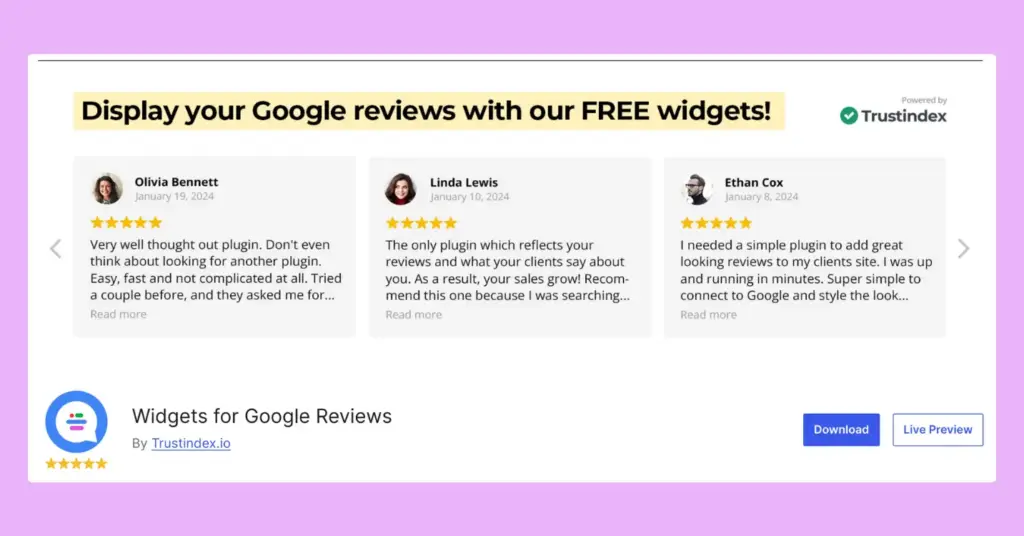 Widgets for Google Reviews, a social media widget to add Google Reviews on any WordPress wensite