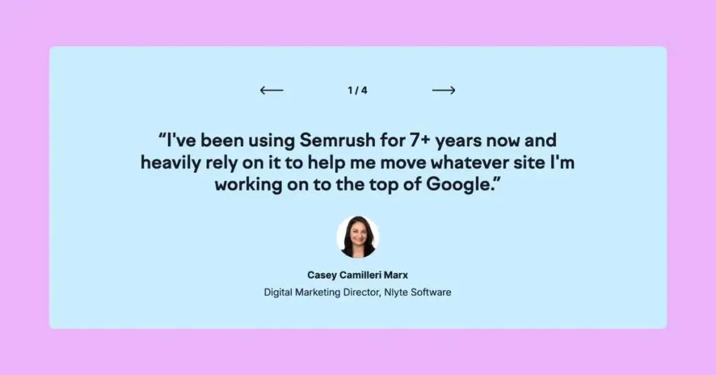 Peer testimonial example from Semrush.