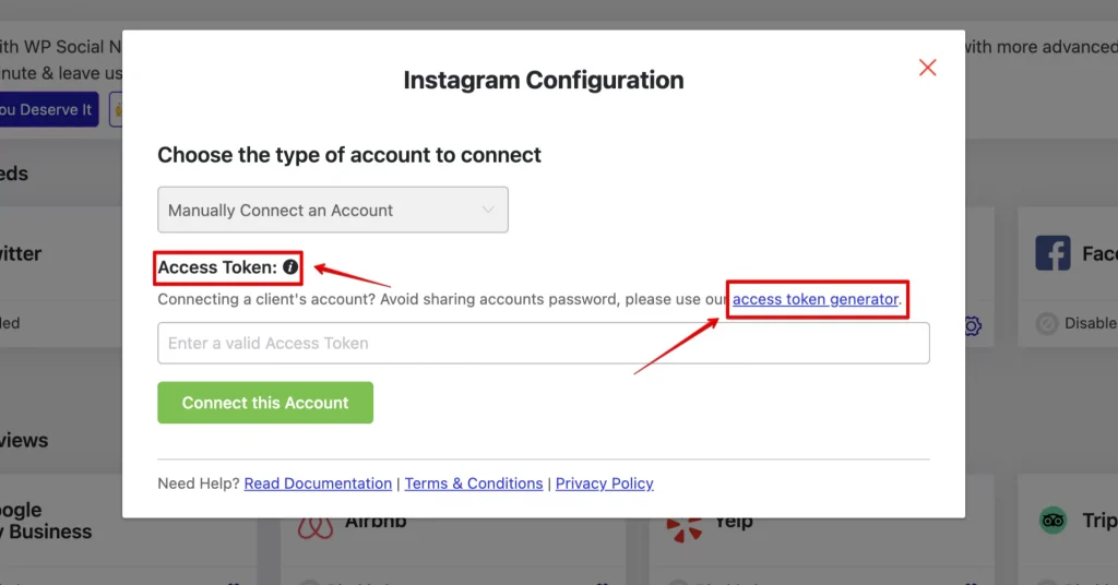 Access toke generator for manually connecting an account.