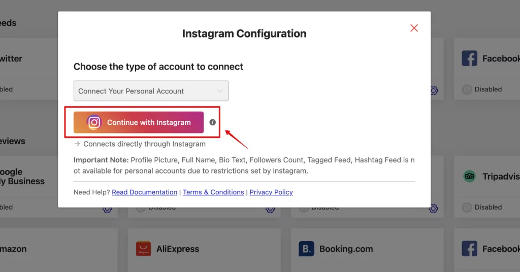 Instagram personal account configuration.