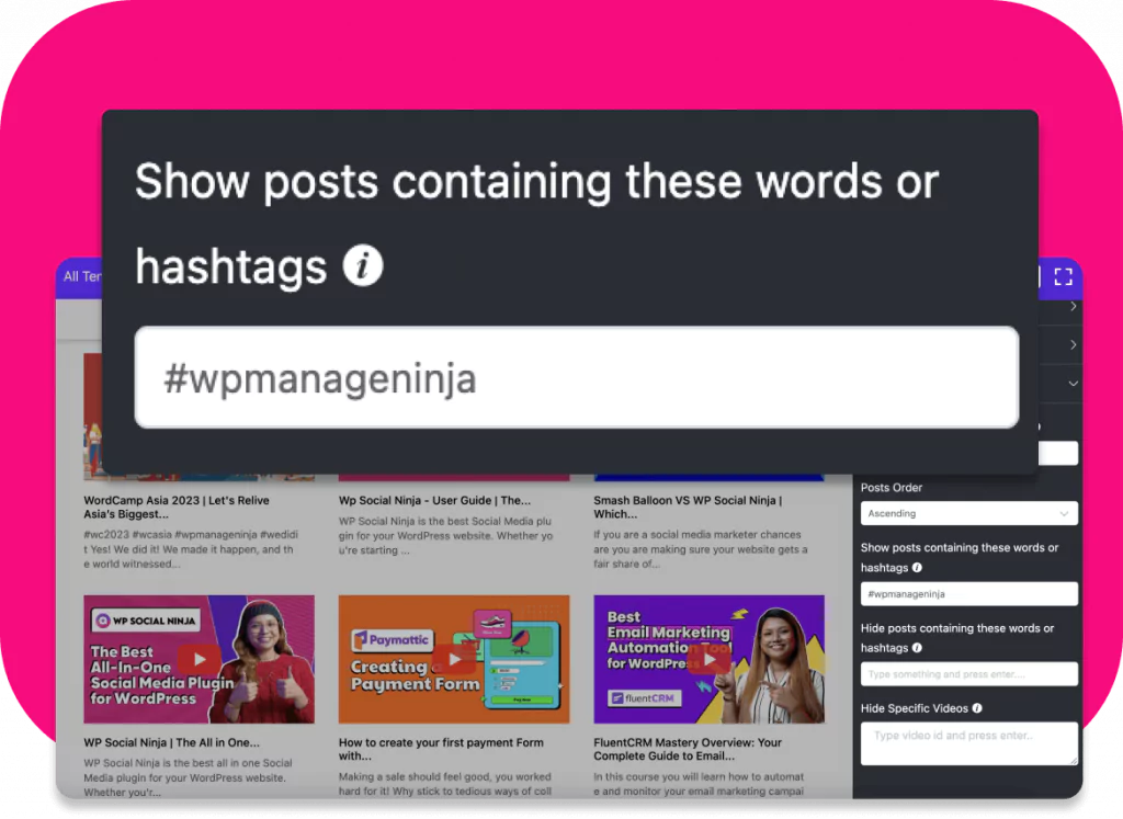 Display specific posts by hashtag or keywords