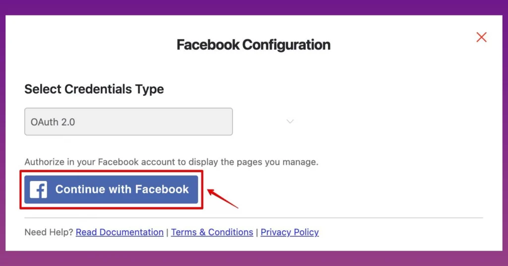 Facebook configuration page