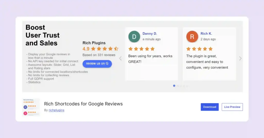 rich shortcodes for google reviews