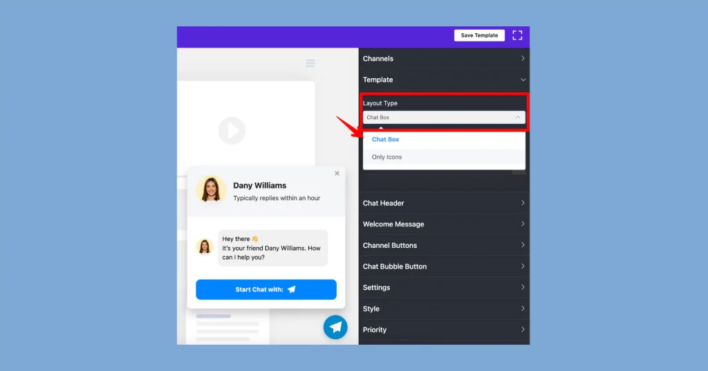 Telegram live chat template layout