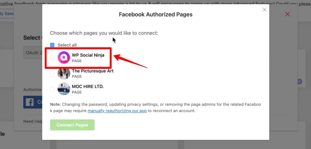 Selecting the Facebook page for authorization