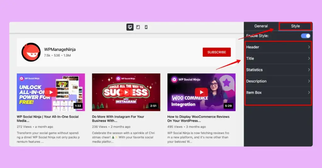 Style customization features of WP Social Ninja for embedded YouTube live stream feed