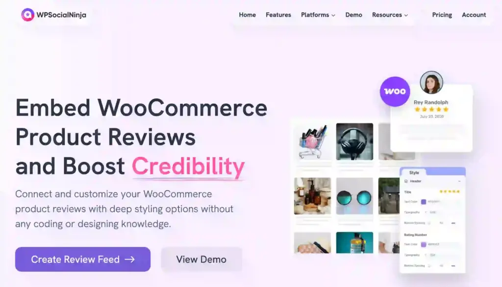 The WooCommerce Reviews Features landing page of WP Social Ninja
