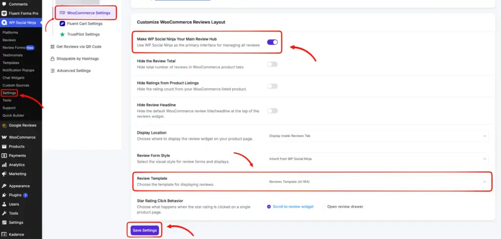 WooCommerce global settings pannel inside WP Social Ninja's dashboard to enable WP Social Ninja as the main review collection source instead of its default one