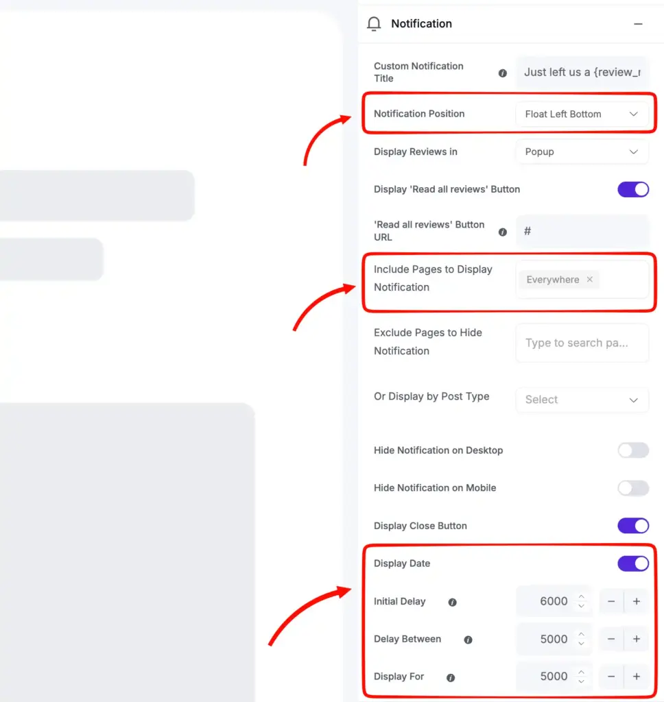Notification popup customization features of WP Social Ninja