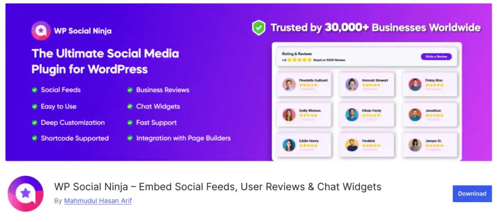 WP Social Ninja's cover photo at the WordPress directory