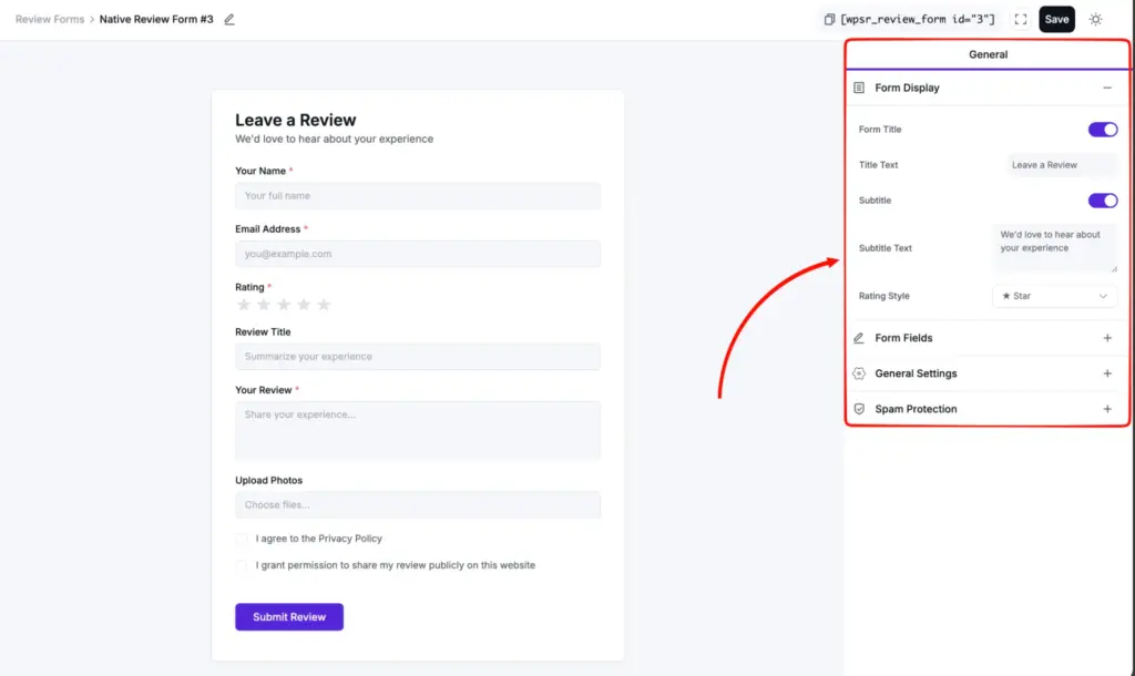 General settings for native review form builder of WP Social Ninja to prepare review collection form for WooCommerce store