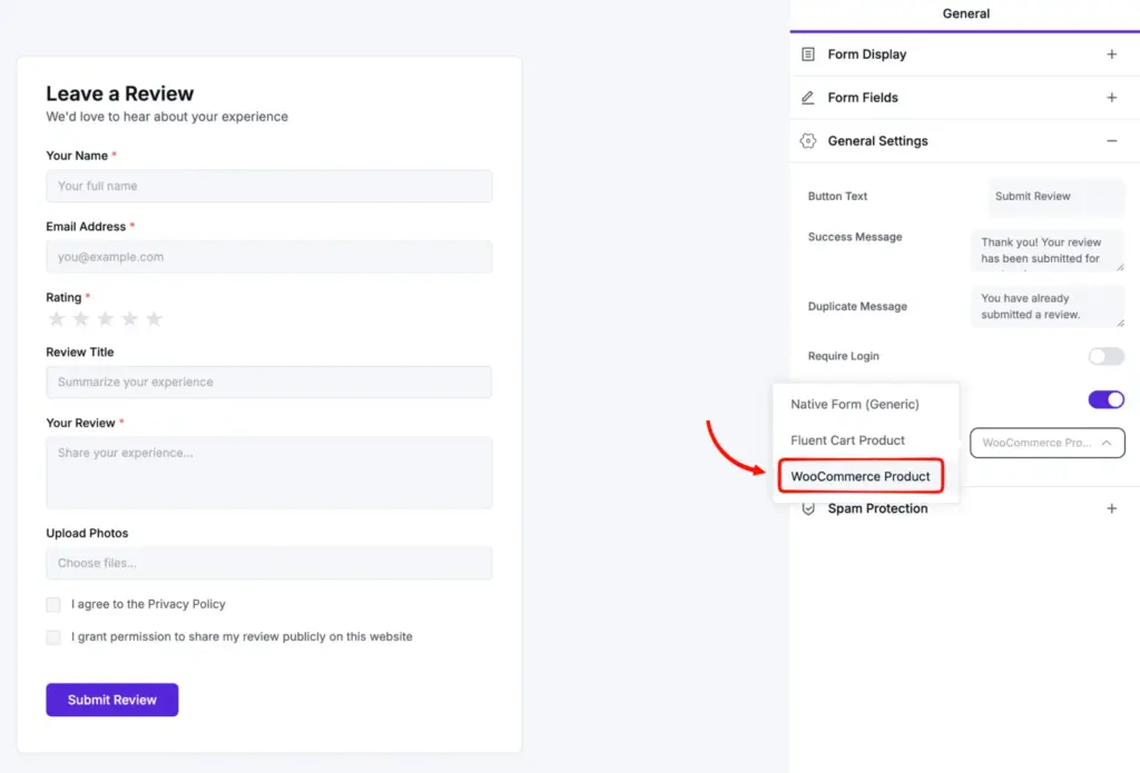 WP Social Ninja review form set fortargeting WooCommerce product reviews