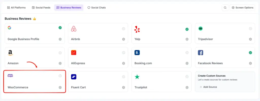 WP Social Ninja dashboard showing business reviews platforms it supports for integration including WooCommerce