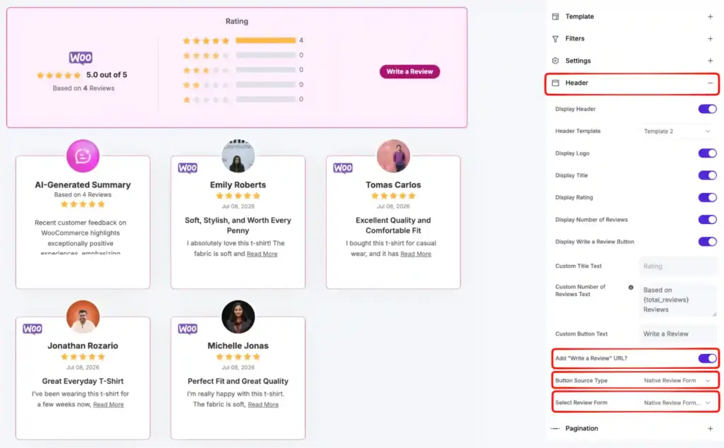 Header Settings inside WP Social Ninja's template editor dashboard to enable WooCommerce product reviews collection with the native form
