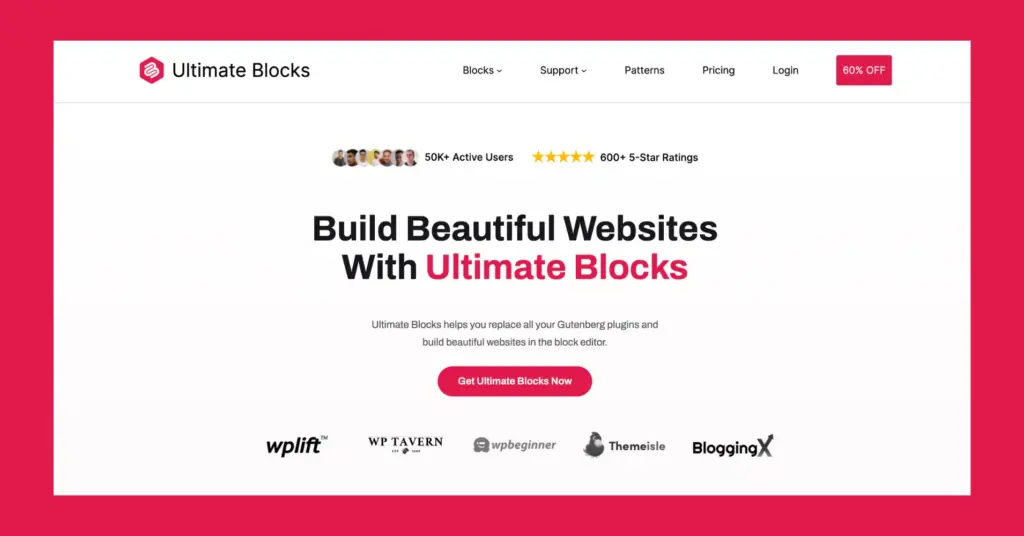 The home page of Ultimate Blocks, a popular page builder plugin for WordPress