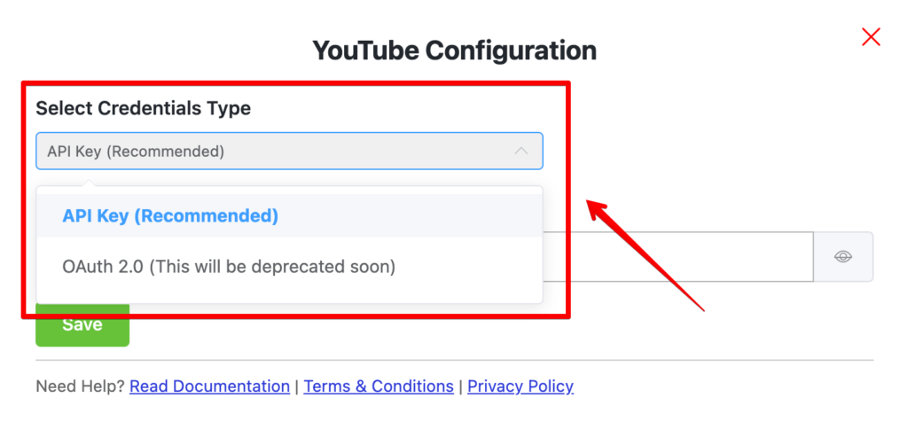 YouTube configuration page of WP Social Ninja