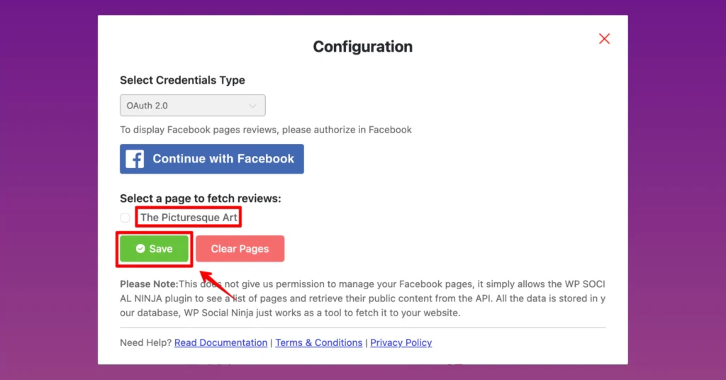 Selecting Facebook page for fetching reviews