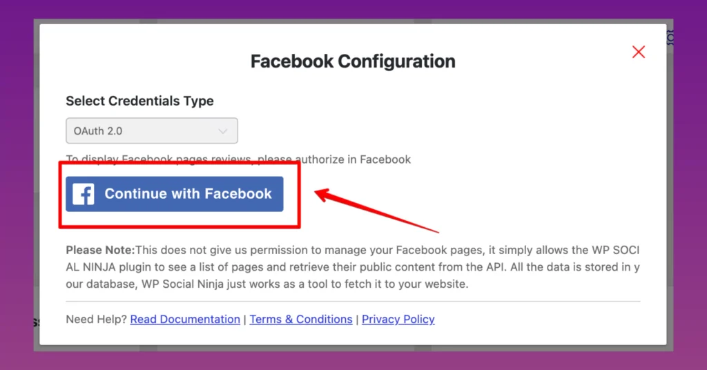 Facebook configuration page