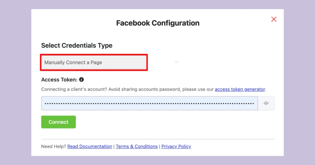 Facebook configuration - Manually connect