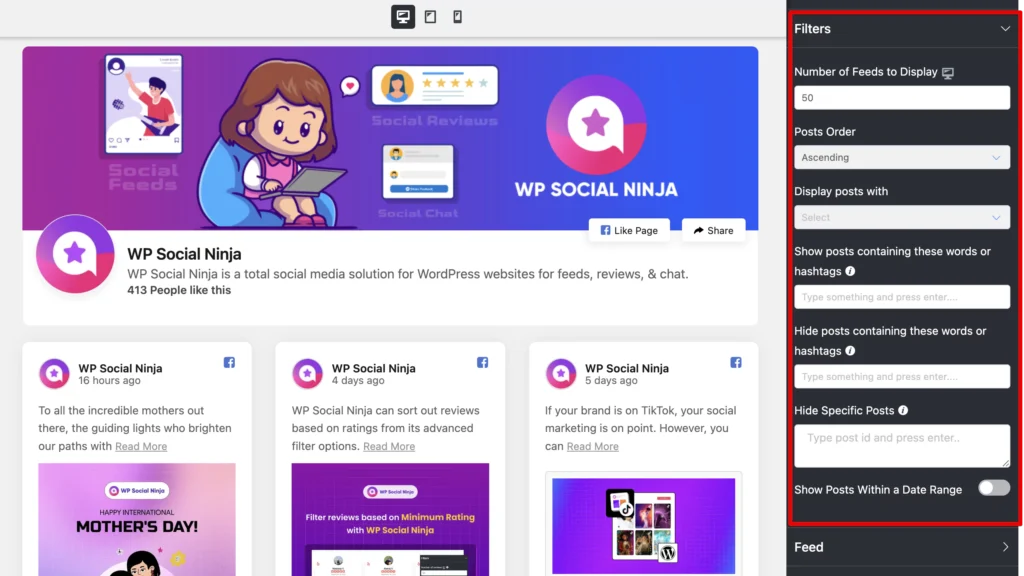 Filter options in the General customization section of WP Social Ninja for Facebook page embed