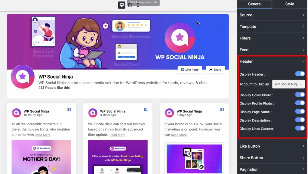 Header options in the General customization section of WP Social Ninja for Facebook page embed
