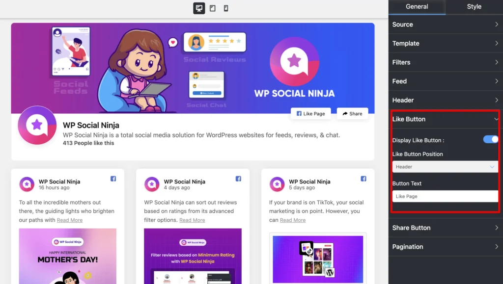 Like button editing options in the General customization section of WP Social Ninja for Facebook page embed