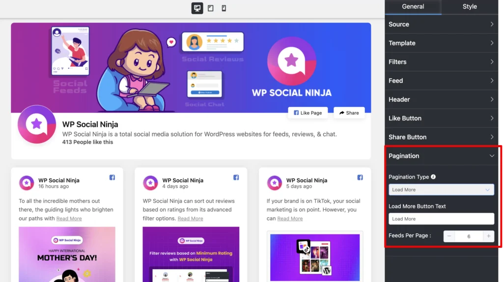 Pagination options in the General customization section of WP Social Ninja for Facebook page embed