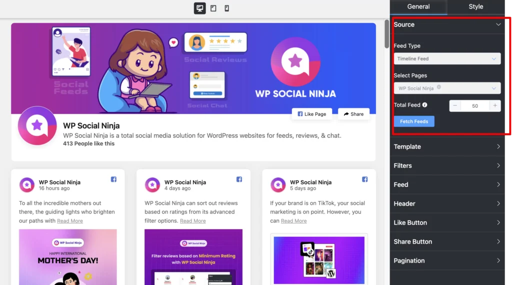 Source options in the General customization section of WP Social Ninja for Facebook page embed