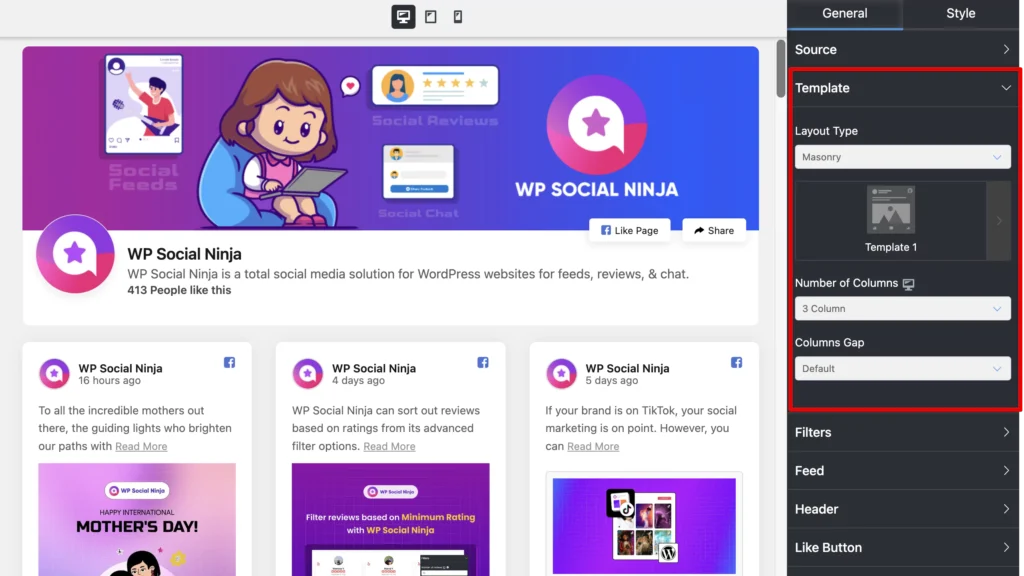 Template options in the General customization section of WP Social Ninja for Facebook page embed