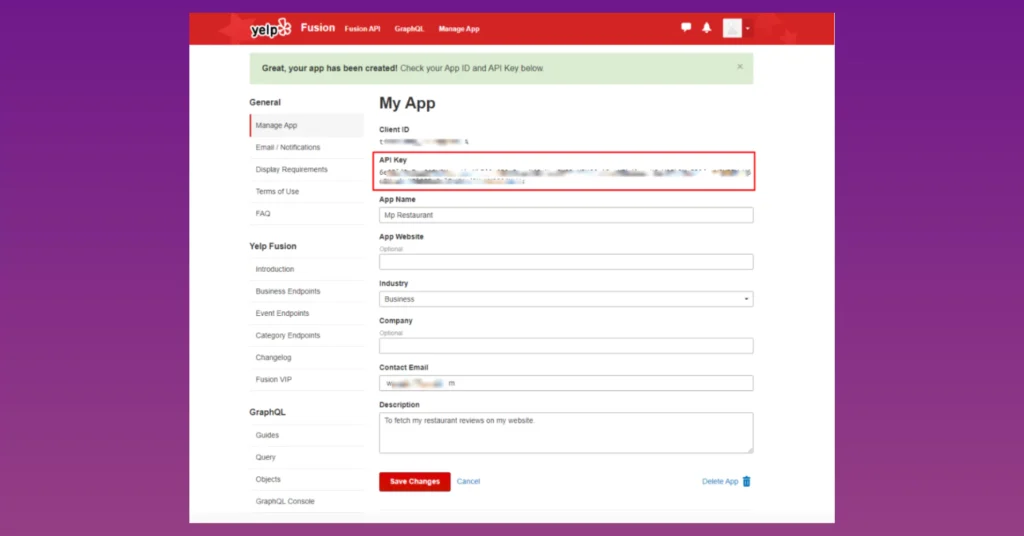 API key generated for Yelp account configuration