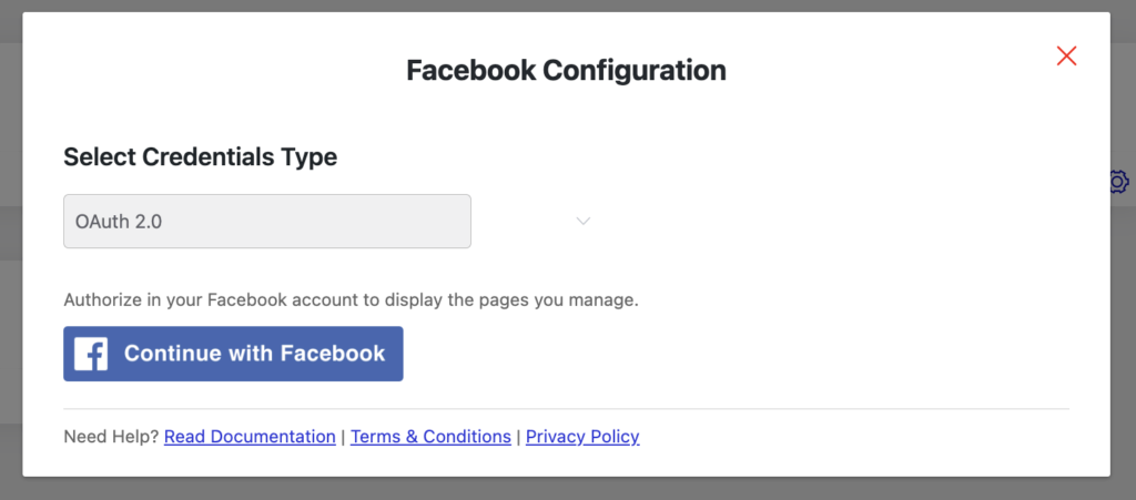 Select the Continue with Facebook button to configure and embed a Facebook page