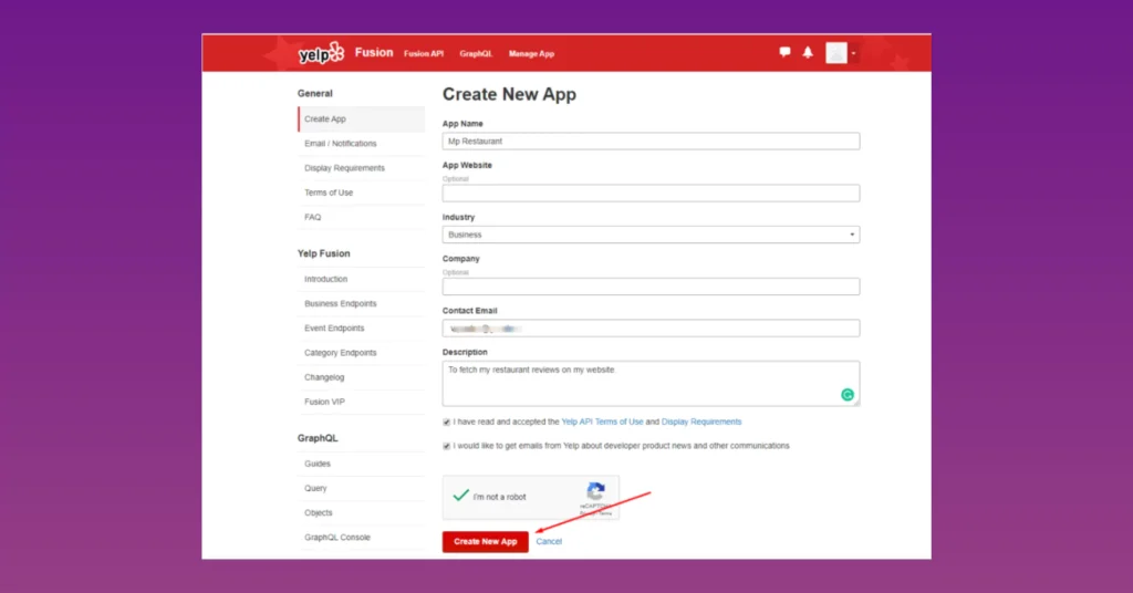 Create new app with Yelp fusion