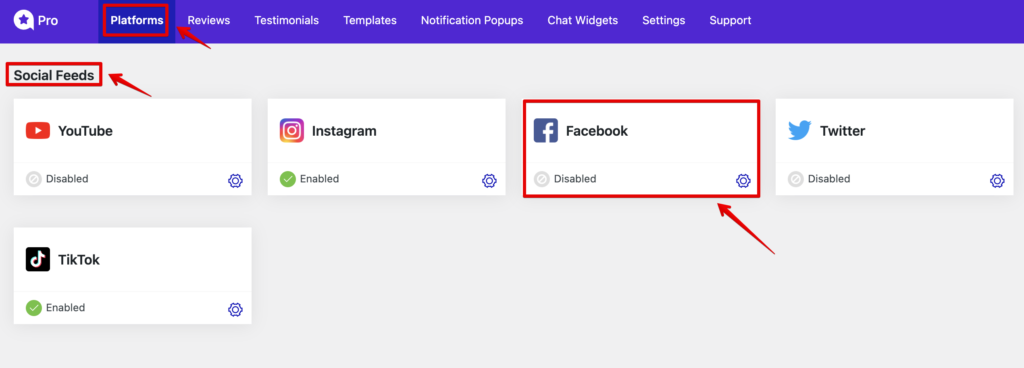 Select Facebook under the Social Feeds section for Facebook page embed