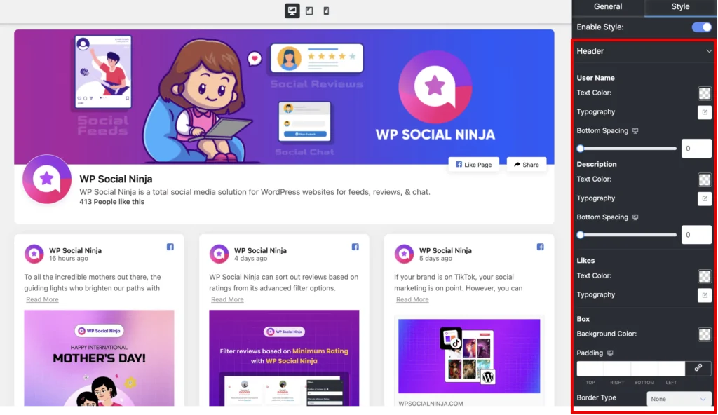 Header options in the Style customization section of WP Social Ninja for Facebook page embed