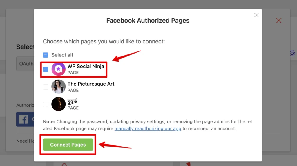 Select the Facebook page or pages you want to embed