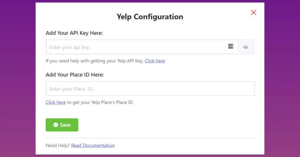 Yelp configuration page.