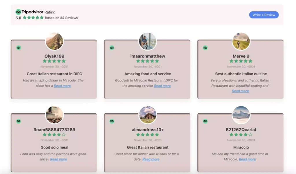 Front end views of Tripadvisor reviews with WP Social Ninja