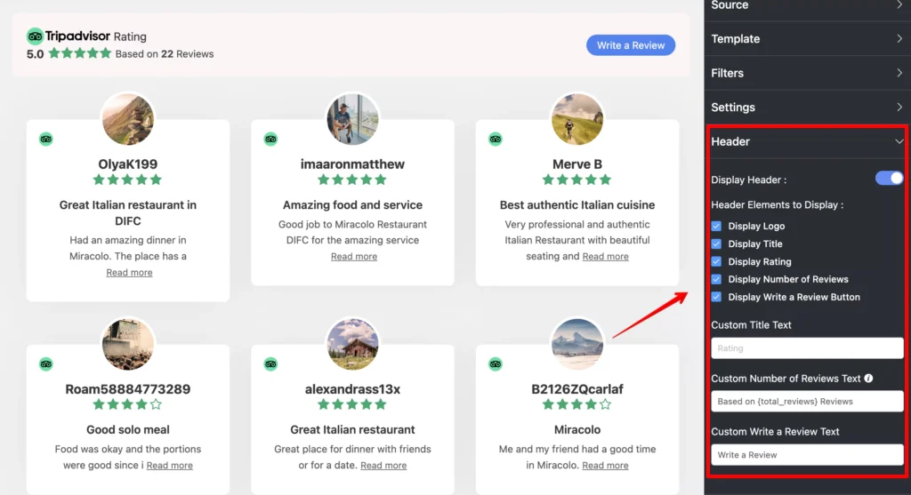 Header settings options for your Tripadvisor reviews