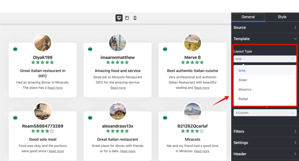 Layout type for Tripadvisor reviews