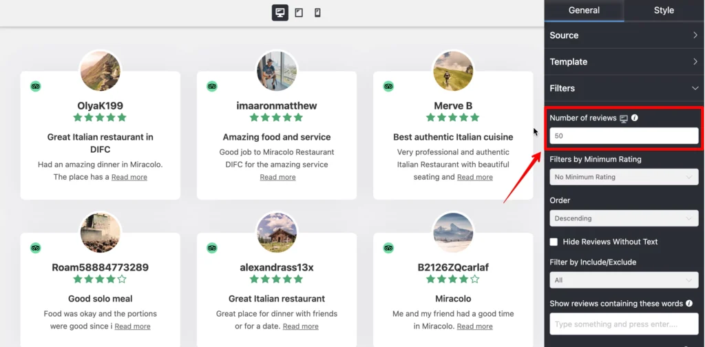 Select the number of Tripadvisor reviews you want to show