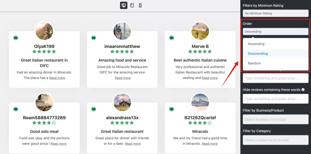 Arrange your Tripadvisor reviews based on different order with WP Social Ninja