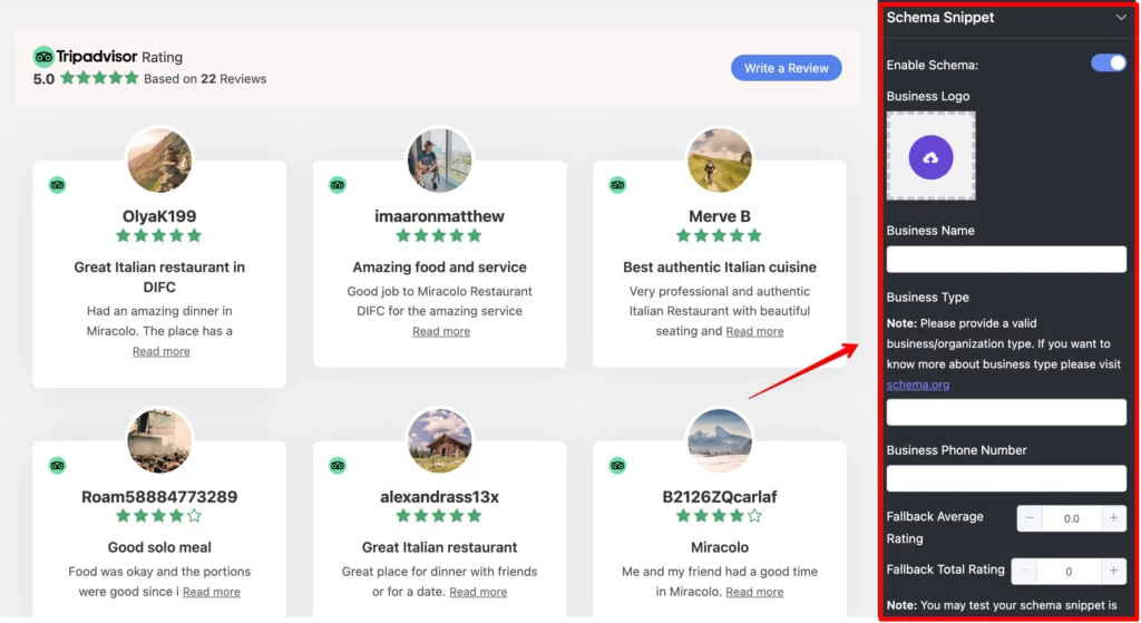 Schema snippet options for your Tripadvisor reviews
