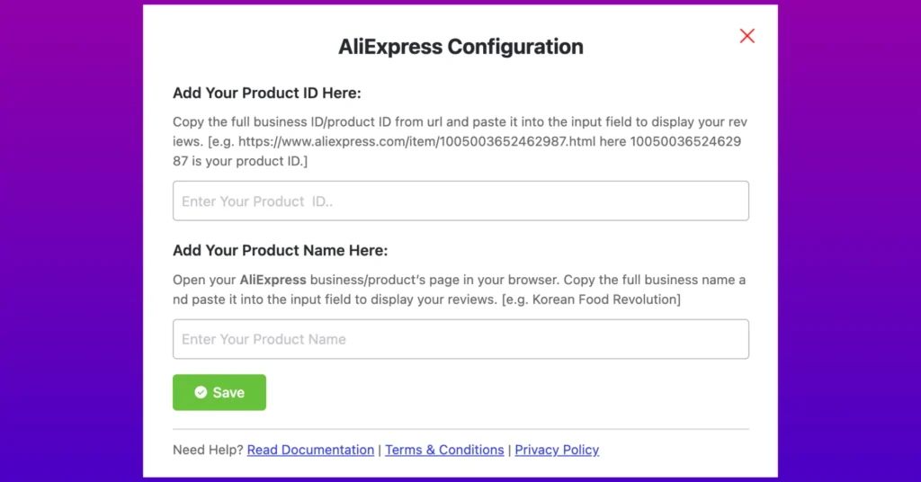 AliExpress product reviews configuration with WP Social Ninja
