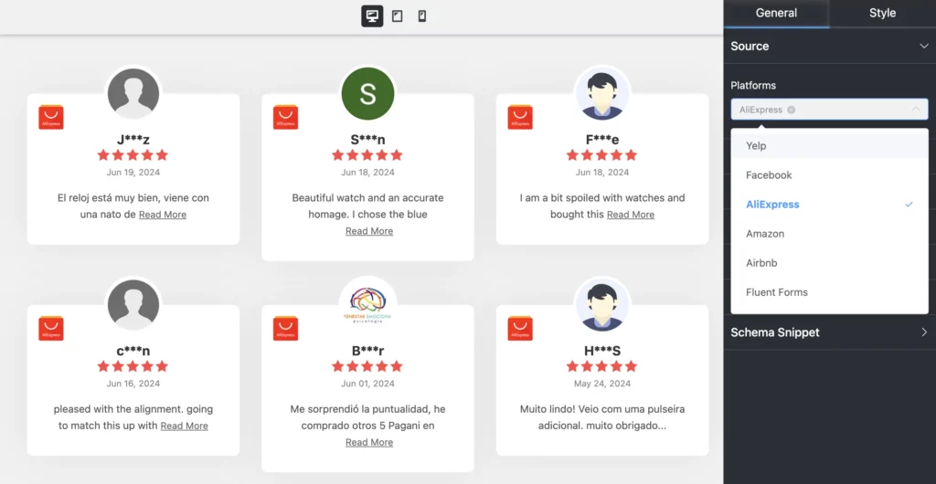 Embedded AliExpress reviews with WP Social Ninja