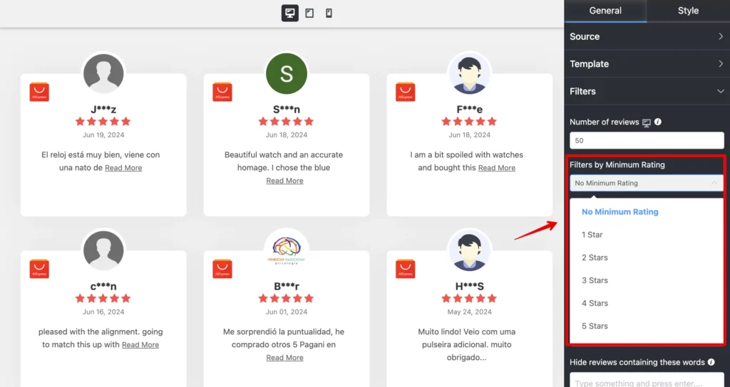 Selecting filters by minimum rating for customizing AliExpress reviews with WP Social Ninja