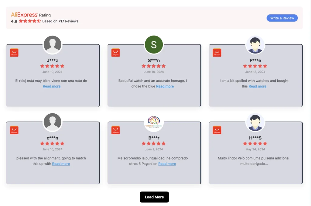 Frontend views of customized AliExpress reviews on a WordPress website