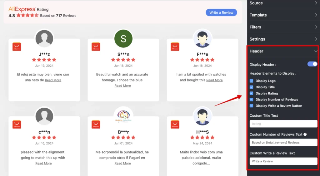 Header settings features for customizing AliExpress reviews with WP Social Ninja